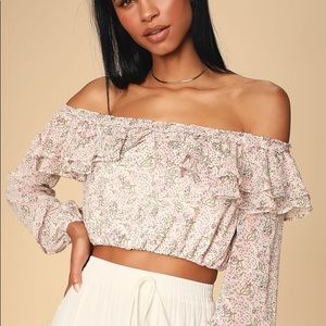 blush pink floral ruffled off the shoulder top